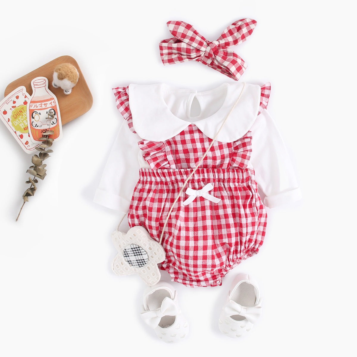 Baby Girl Doll Neck Solid Shirt & Red Plaid Graphic Bow Patched Bodysuit 1 Pieces Sets by MyKids-USA™