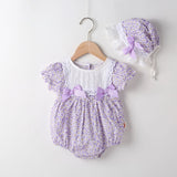 Baby Girl Floral Pattern Lace Patchwork Round Collar Short-Sleeved Colorful Cotton Onesies With Hat by MyKids-USA™