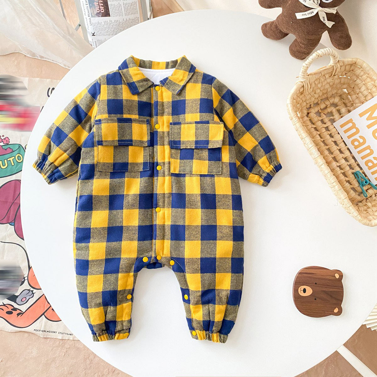 Baby Boy Plaid Pattern Snap Button Front Long-sleeved Thick Rompers by MyKids-USA™