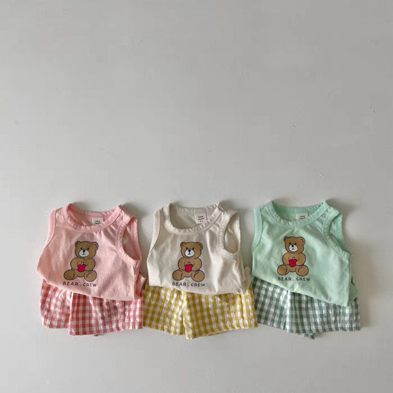 Baby Bear Print Pattern Tops With Plaid Shorts Sets by MyKids-USA™