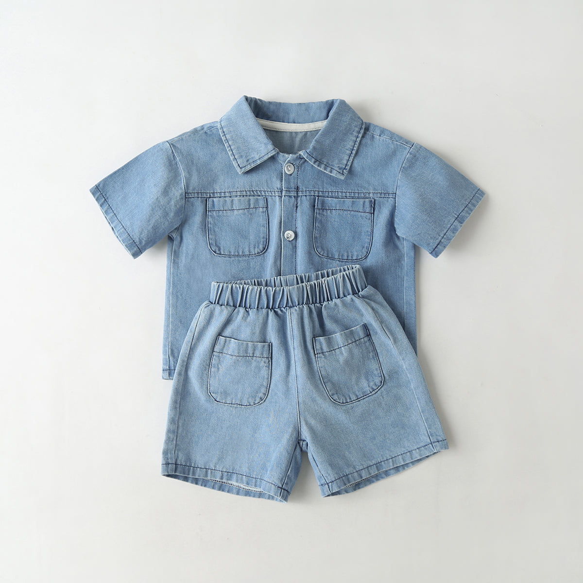 Baby Solid Color Butoon Front Denim Shirt Combo Shorts Sets In Summer by MyKids-USA™