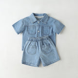 Baby Solid Color Butoon Front Denim Shirt Combo Shorts Sets In Summer by MyKids-USA™