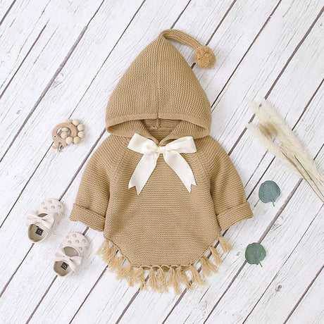 Baby Girl 1pcs Solid Color Big Bow Tie Patched Design Shawl Kniited Hoodies With Hat by MyKids-USA™