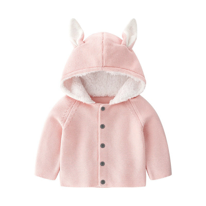 Baby Solid Color Bunny Ear Patched Hat Design Button Front Knitted Sweater Cardigan by MyKids-USA™