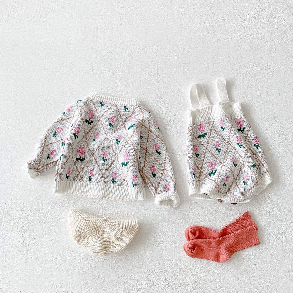 Baby Girl 1pcs Allover Roses Embroidered Graphic Crotch Bodysuit & Cardigan Handmade Knitted Sets by MyKids-USA™