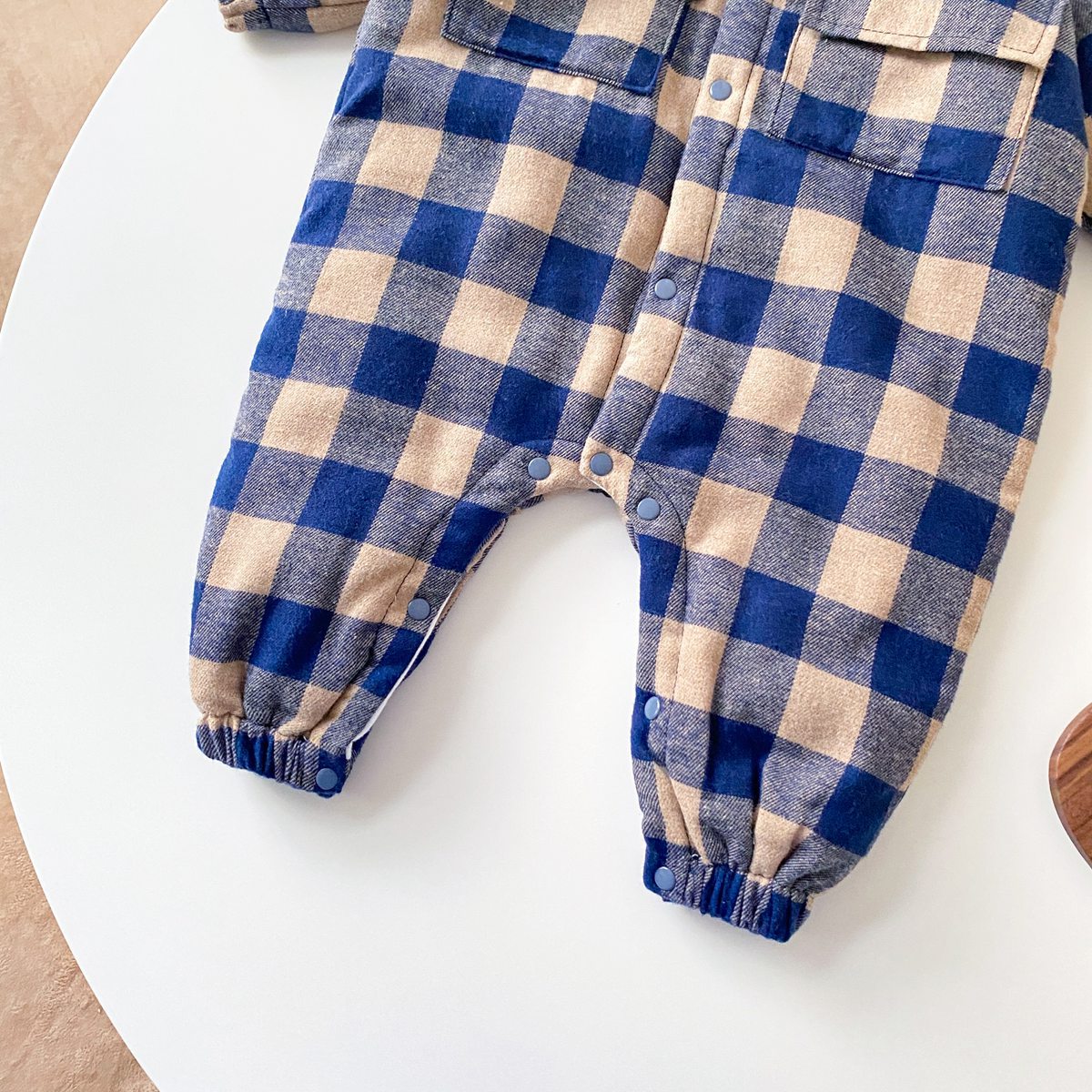 Baby Boy Plaid Pattern Snap Button Front Long-sleeved Thick Rompers by MyKids-USA™