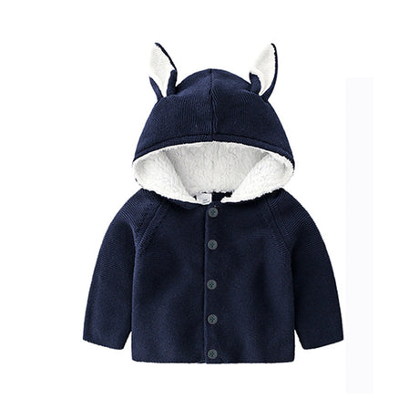 Baby Solid Color Bunny Ear Patched Hat Design Button Front Knitted Sweater Cardigan by MyKids-USA™