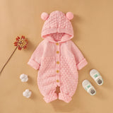 Baby 1pcs Cable Knitted Graphic Button Front Design Rompers With Hairball Patched Hat by MyKids-USA™