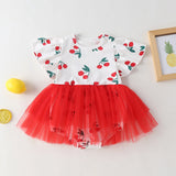 Baby Girl Cherry Print Pattern Mesh Patchwork Design Round-Collar Short-Sleeved Summer Dress Onesies by MyKids-USA™