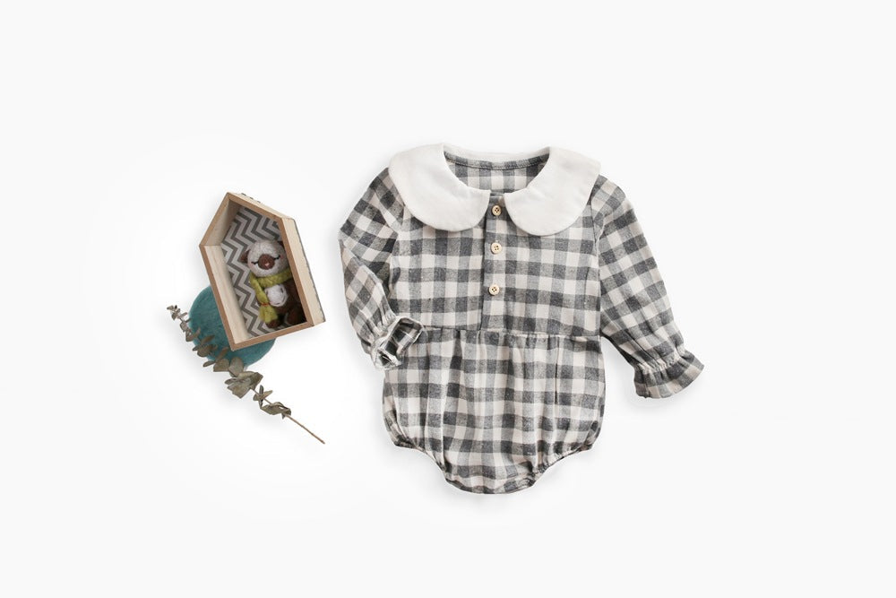 Baby Girl Plaid Pattern Doll Collar Design Long Sleeve Onesies With Buttons by MyKids-USA™