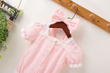 Baby Girl Plaid Pattern Lace Patchwork Design Bubble Short-Sleeved Onesies With Buttons by MyKids-USA™