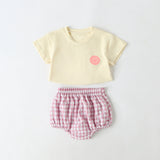 Baby Smiley Print Pattern Solid Tee Combo Plaid Pattern Triangle Shorts Sets by MyKids-USA™