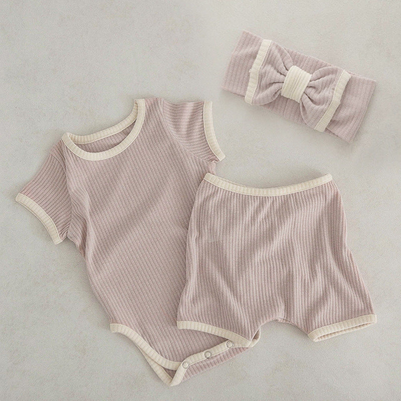 Baby Unisex Solid Color Comfy Cotton Onesies & Shorts Sets With Headband by MyKids-USA™