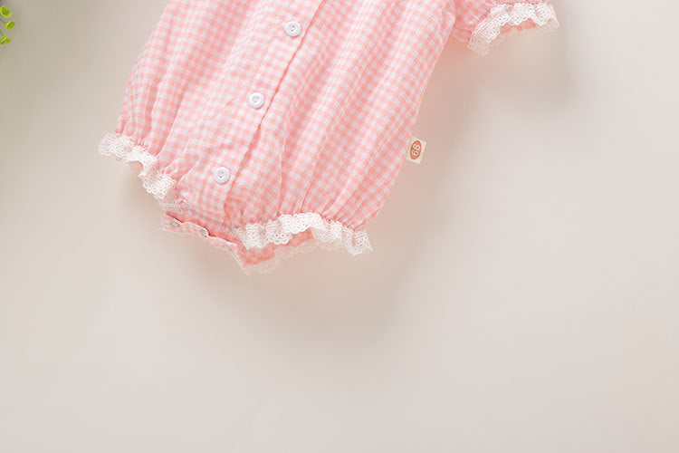 Baby Girl Plaid Pattern Lace Patchwork Design Bubble Short-Sleeved Onesies With Buttons by MyKids-USA™