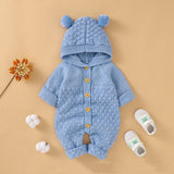 Baby 1pcs Cable Knitted Graphic Button Front Design Rompers With Hairball Patched Hat by MyKids-USA™