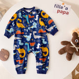 Baby Boy Cartoon Animals Graphic Snap Button Front Design Long Sleeved Romper Jumpsuit by MyKids-USA™