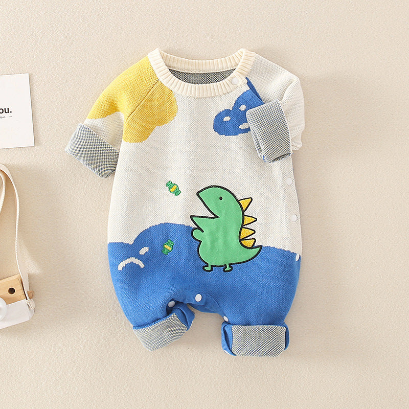 Baby Dinosaur Pattern Colorblock Design Cute Knit Romper by MyKids-USA™