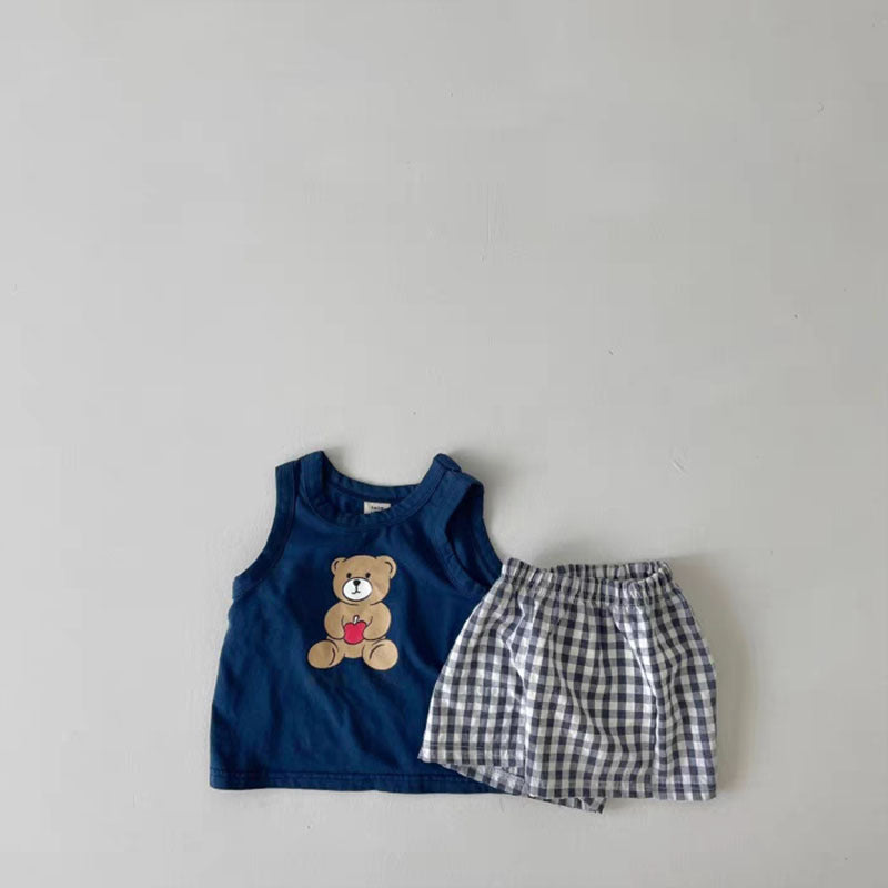 Baby Bear Print Pattern Tops With Plaid Shorts Sets by MyKids-USA™