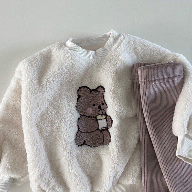 Baby Bear Embroidered Pattern Plush Hoodies Combo Pants  Pieces Sets by MyKids-USA™