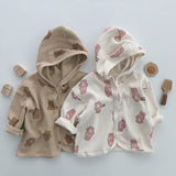 Baby Waffle Fabric Cartoon Bear Print Single Breasted Design Cardigan With Hat by MyKids-USA™