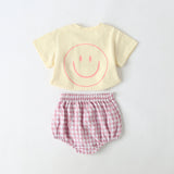 Baby Smiley Print Pattern Solid Tee Combo Plaid Pattern Triangle Shorts Sets by MyKids-USA™