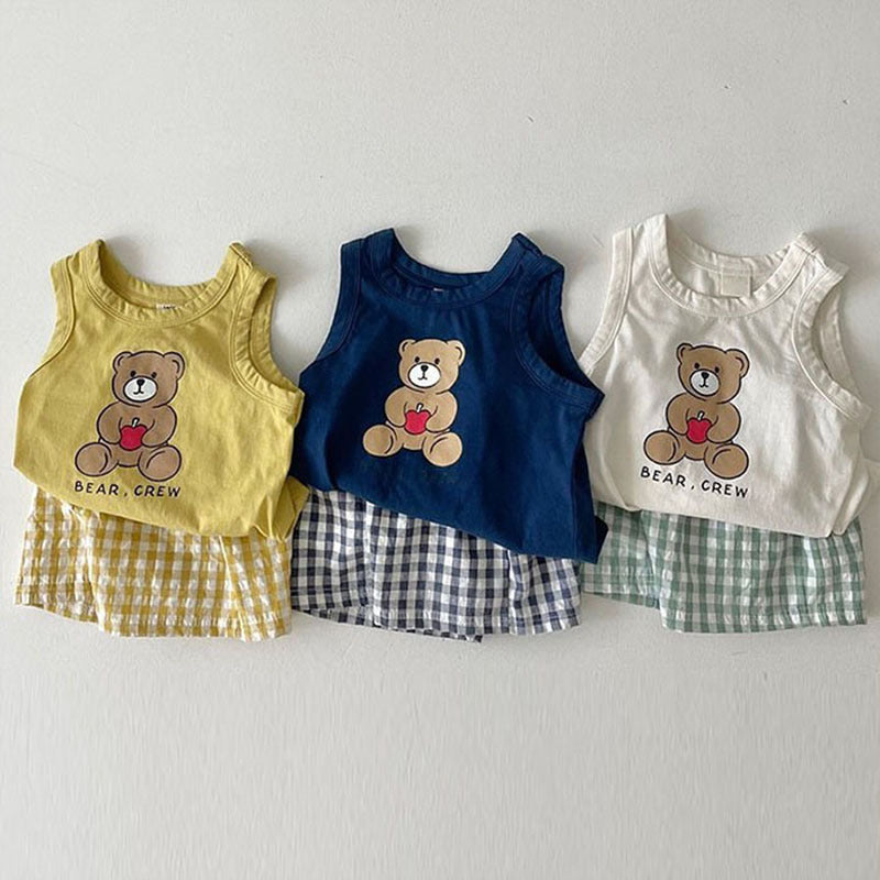 Baby Bear Print Pattern Tops With Plaid Shorts Sets by MyKids-USA™