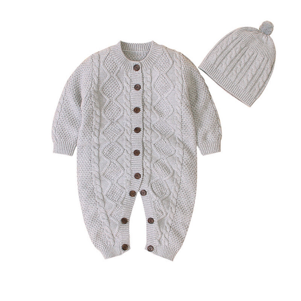 Baby Baby Cable Knitted Pattern Button Front Design Long Sleeve Warm Rompers & Hat by MyKids-USA™