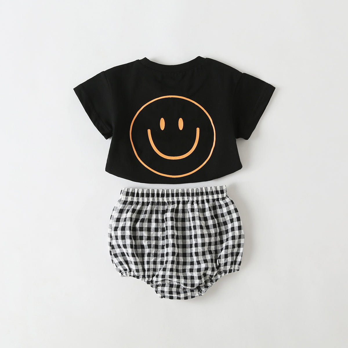 Baby Smiley Print Pattern Solid Tee Combo Plaid Pattern Triangle Shorts Sets by MyKids-USA™