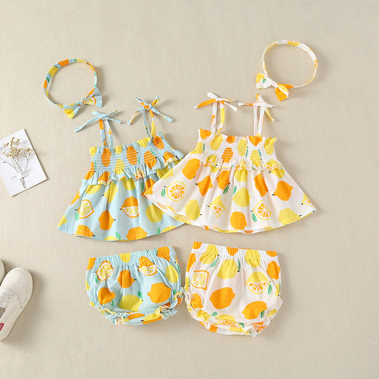 Baby Girl Lemon Fruit Print Sleeveless Dress Combo Short Pants In Sets by MyKids-USA™