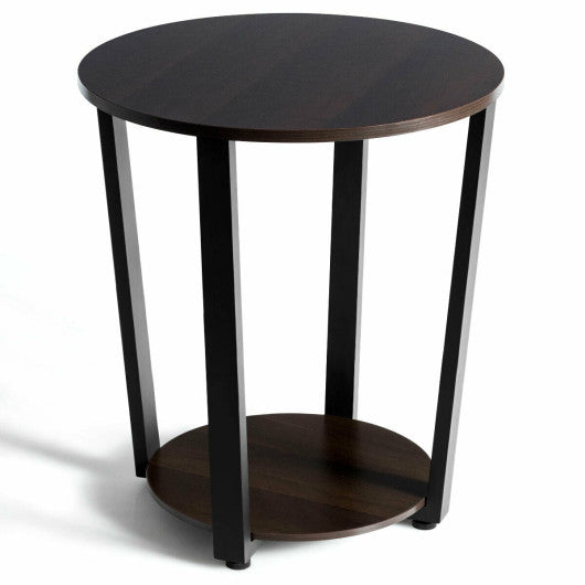 2-tier Round End Table with Storage Shelf & Metal Frame-Walnut