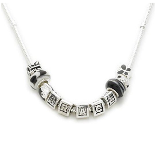 Silver Plated Personalised 'Racy Lady' Name Charm Bead Necklace 46cm/58cm by Liberty Charms USA