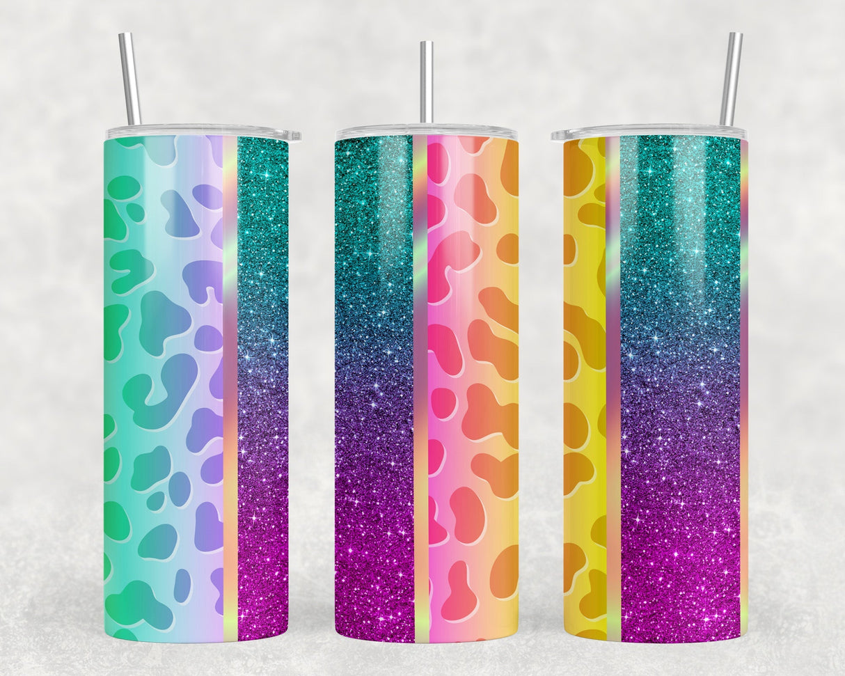 Rainbow Leopard Print Stripes - 20 oz Steel Skinny Tumbler - Optional Blue Tooth Speaker - Speaker Color will Vary by Rowdy Ridge Co