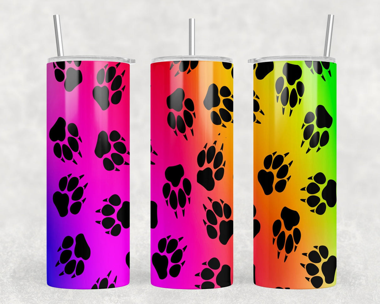 Rainbow Paw Prints  - 20 oz Steel Skinny Tumbler - Optional Blue Tooth Speaker - Speaker Color will Vary by Rowdy Ridge Co