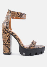 rattle snake print chunky high block heel sandals by London Rag