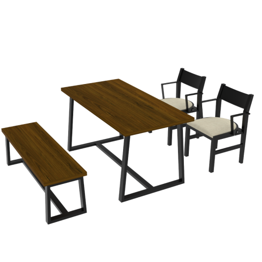 4-Person Dining Table Set with Chairs and Bench-Regular Design-Dark Wood-Beige