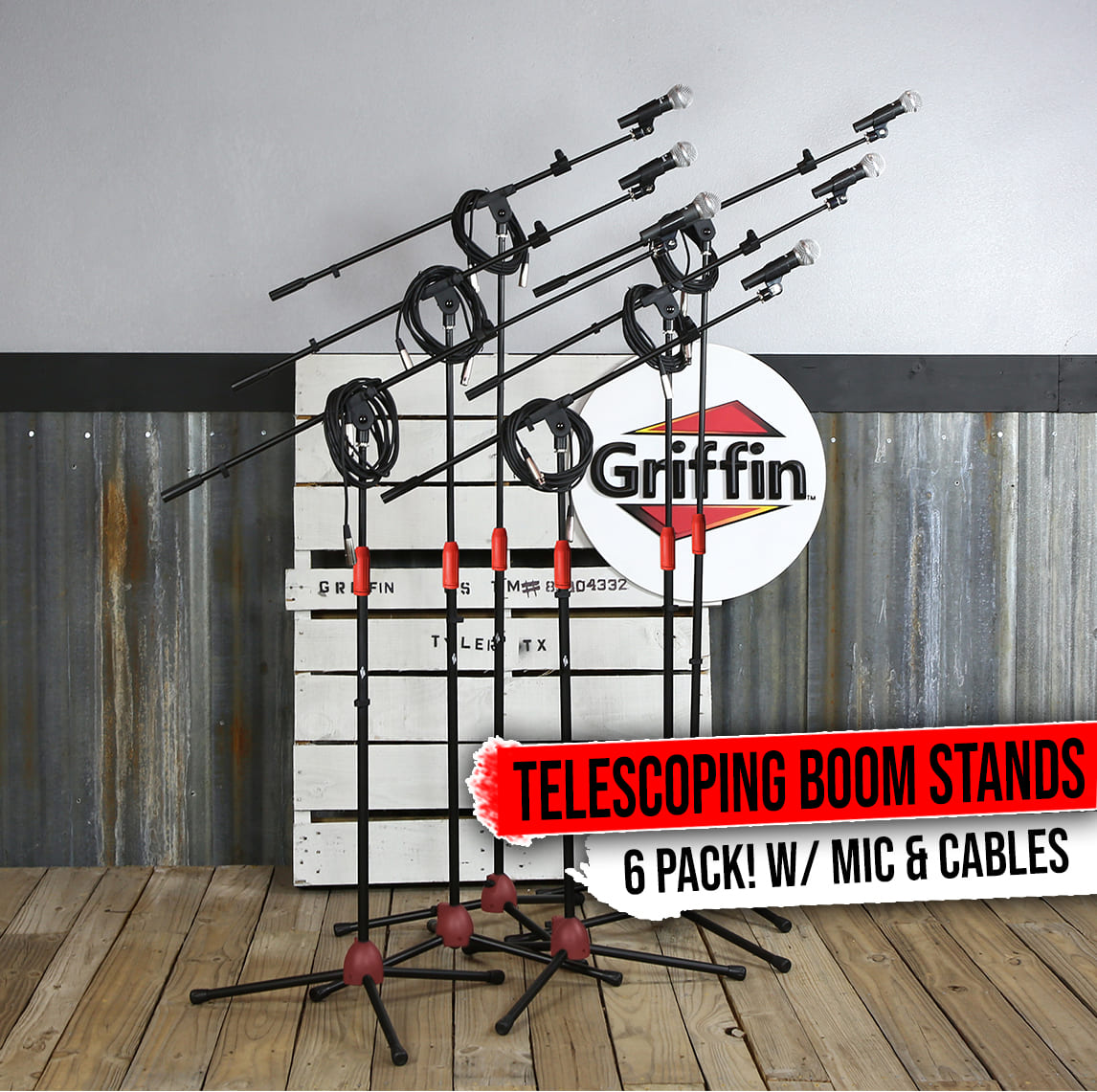 Microphone Boom Stand (GRIFFIN 6 Pack) with Cardioid Vocal Microphones & XLR Mic Cables For Karaoke by GeekStands.com