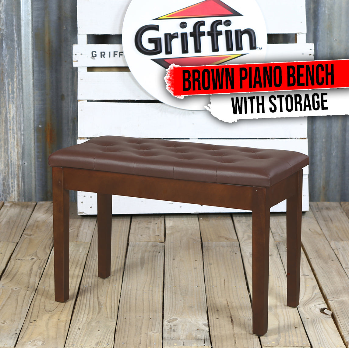 GRIFFIN Brown Wood PU Leather Piano Bench | Double Vintage Design, Ergonomic Chair Musicians Keyboard Stool | Cushion Duet Seat & Sheet Music Storage Space | For Guitar Stool or Home Vanity Bench by GeekStands.com