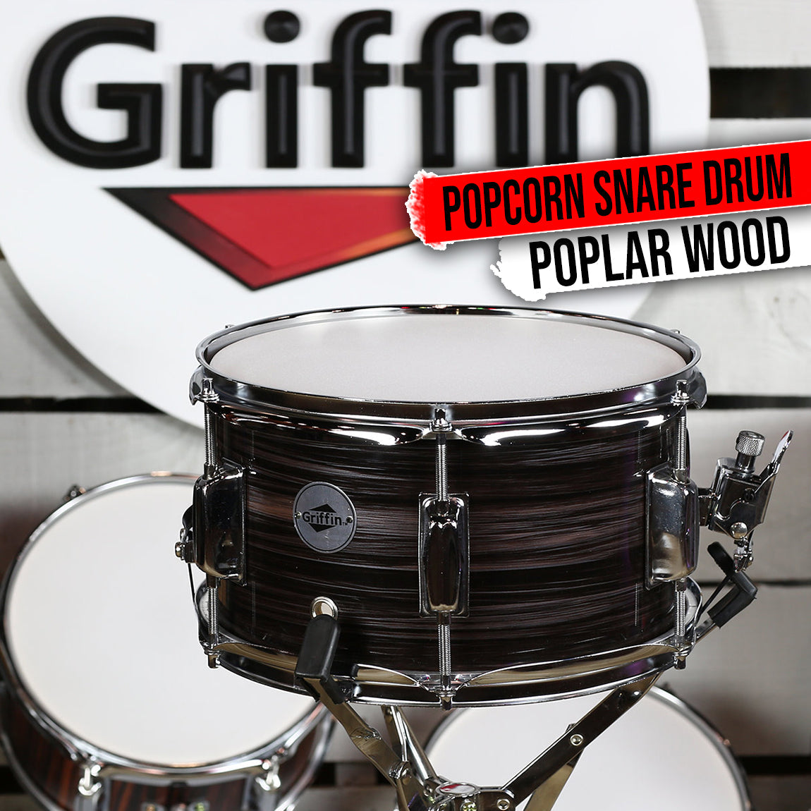 Popcorn Snare Drum by GRIFFIN - Firecracker Acoustic 10" x 6" Poplar Shell with Zebra Wood PVC by GeekStands.com