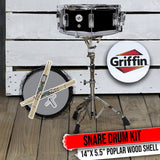 GRIFFIN Snare Drum Kit with Snare Stand, 2 Pairs of Drum Sticks & Drum Key | Wood Shell Drum Set, Maple Sticks, Chrome Holder Acoustic Marching Percussion Musical Instrument Practice Package by GeekStands.com