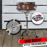 GRIFFIN Snare Drum Package with Snare Stand, 2 Pairs of Drum Sticks & Drum Key | Snare Kit with Poplar Wood Shell 14" x 5.5" with Flat Hickory PVC | 8 Metal Tuning Lugs & Snare Strainer Throw Off by GeekStands.com