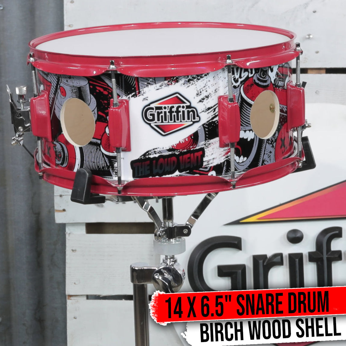 GRIFFIN Snare Drum Birch Wood Shell 14 X 6.5 Inch - Oversize 2.5" Large Vents & Custom Graphic Wrap by GeekStands.com