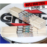 GRIFFIN Attack Zzzap Drum Sticks - 24 Pairs of Select Elite Maple Wood Size 5A - Drummers Percussion Classic Pure Grit Uncoated, Raw Wood Drumming Sticks - Premium Balanced, Level and Straight by GeekStands.com