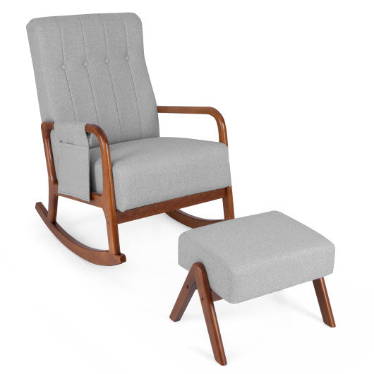 Rocking Chair with Ottoman Solid Rubber Wood Frame Padded Cushion-Gray