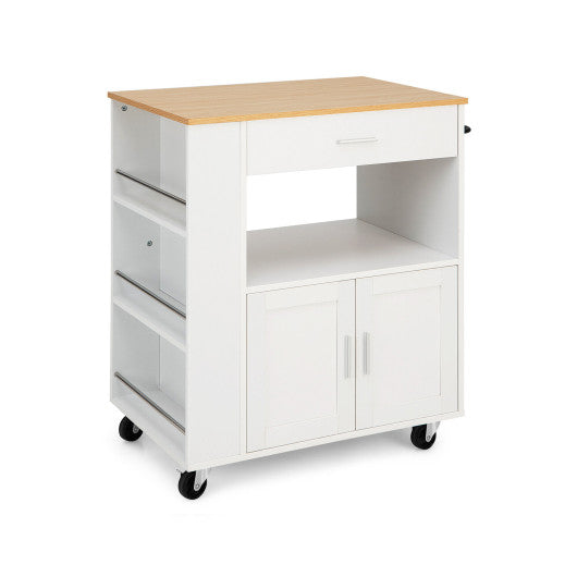 Rolling Kitchen Trolley with 3 Spice Racks Drawer and Open Shelf-White