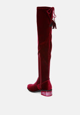 rumple velvet over the knee clear heel boots by London Rag