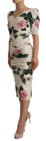 White Roses Print Stretch Silk Pleated Dress by Faz