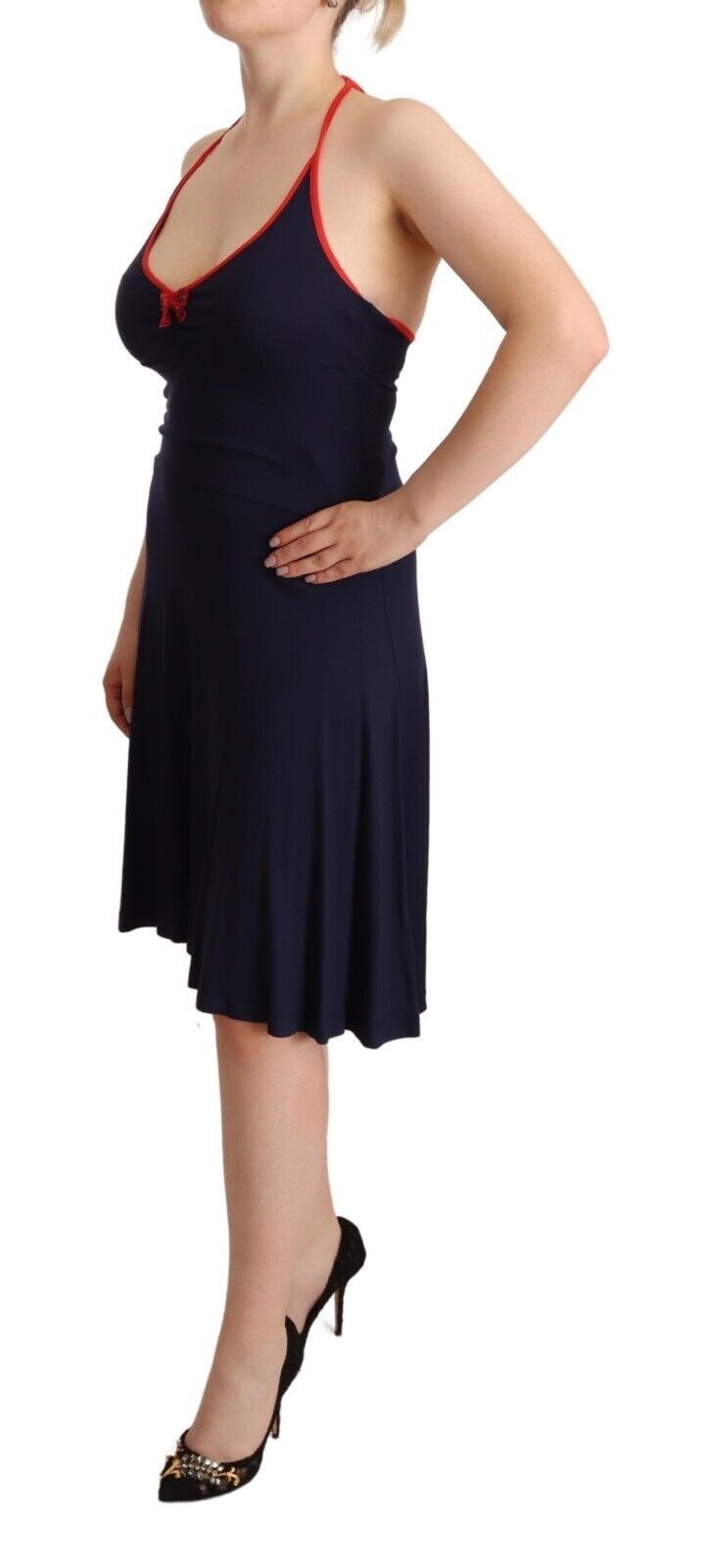 Navy Blue Sleeveless Halter Sheath Midi Dress by Faz