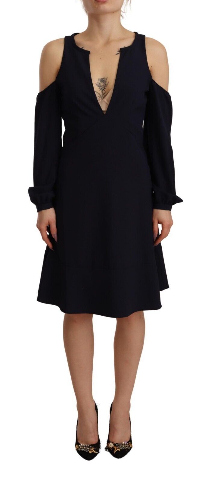 Black Long Sleeves Open Shoulder A-line Dress by Faz