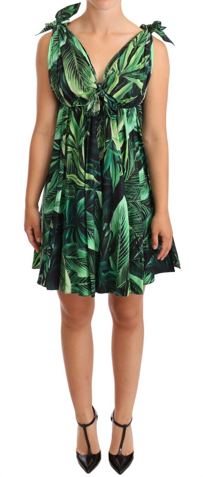 Green Leaves Print Cotton Flared Mini Dress by Faz