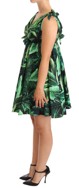 Green Leaves Print Cotton Flared Mini Dress by Faz